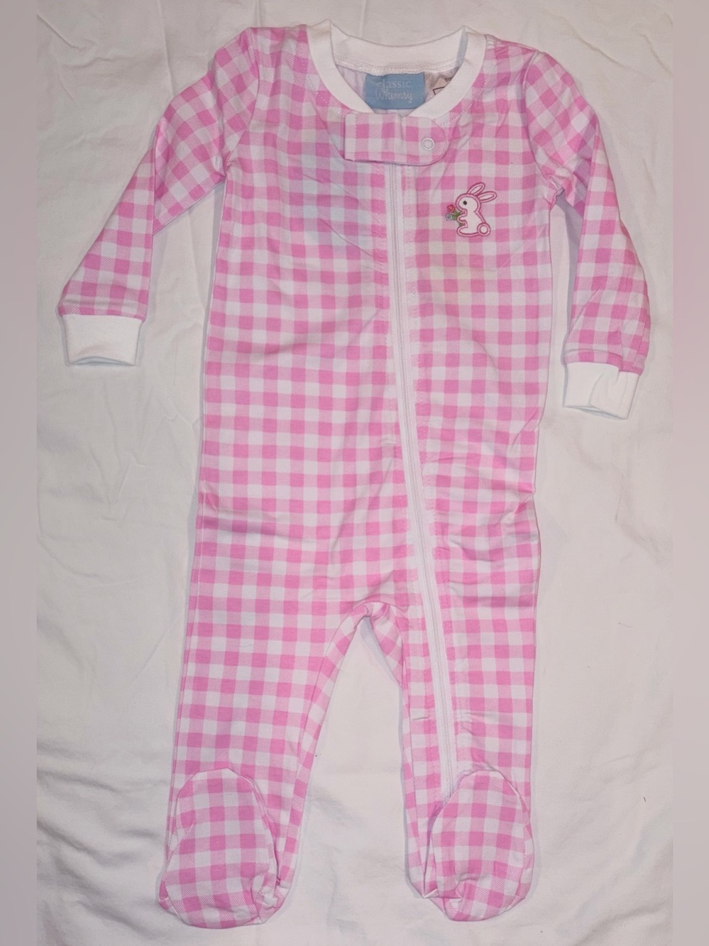Classic Whimsy pink check footed sleeper with Bunny applique sz 12 mo NWT